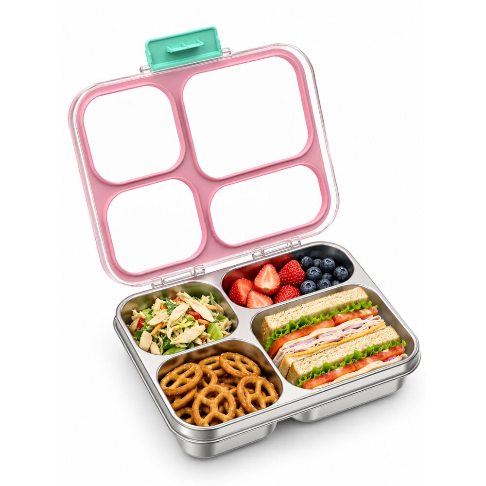 NEW Stainless Steel Bento Lunch Box 4 Cups Pink